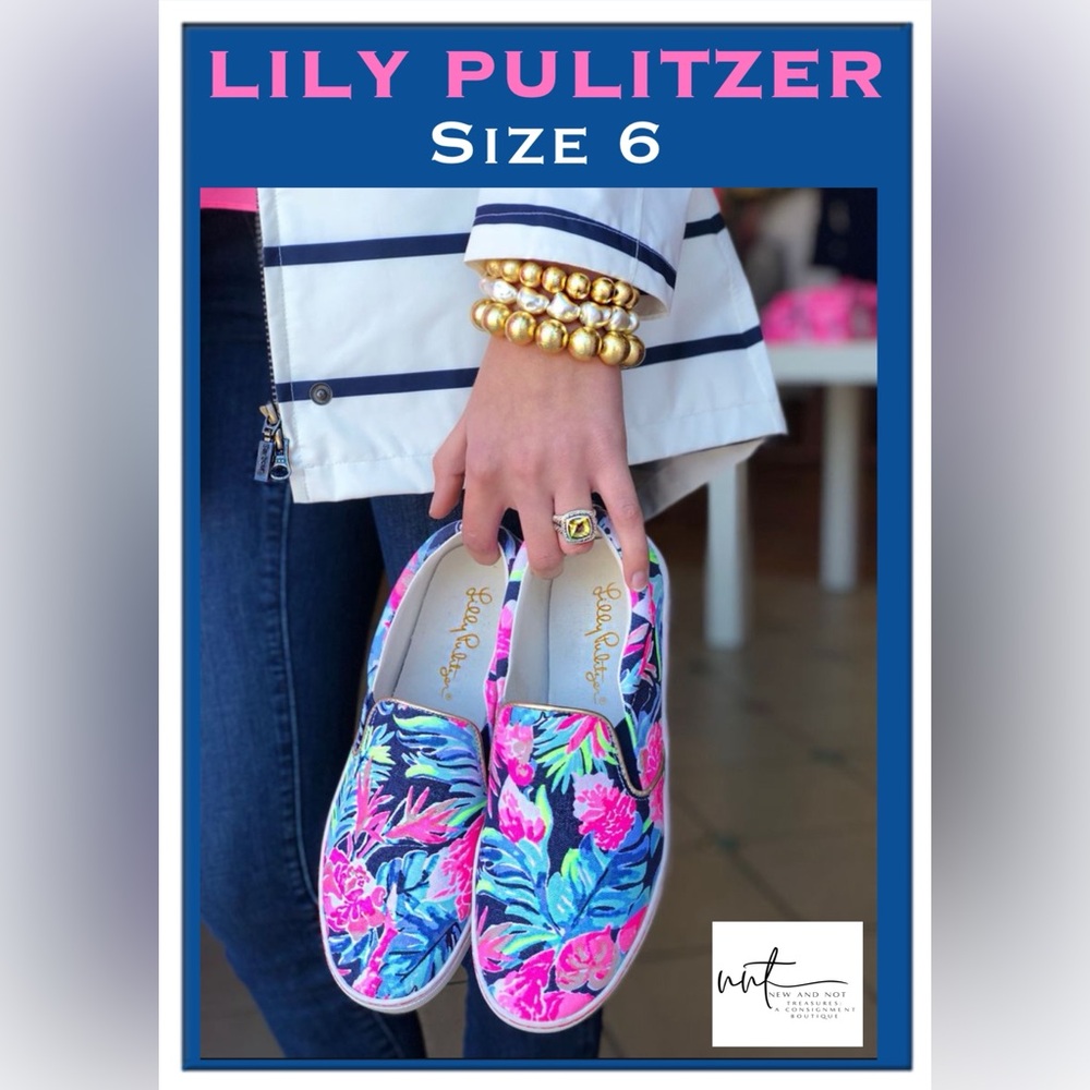 Lily Pulitzer Shoes 6 Julie Pink White Neon Gold Slip Ons Comfy Tropical Kawaii